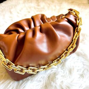 Brown chocolate gold chain ruched shoulder bag